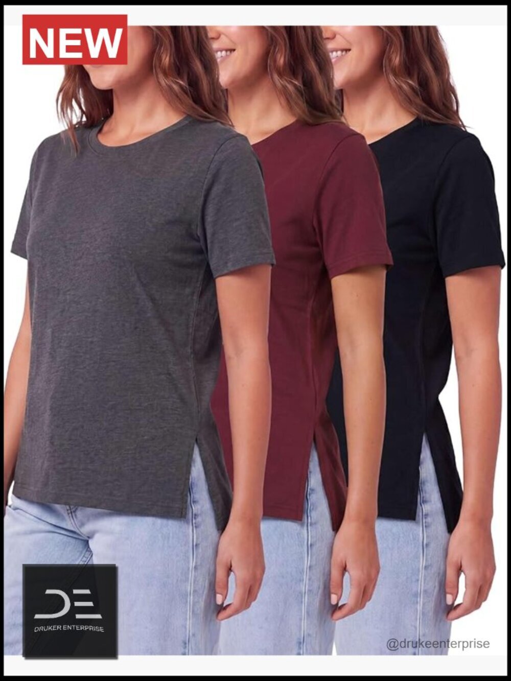 Cotton Split Hem T-Shirts 3 Pack Short Sleeve Crew Neck Stretchy